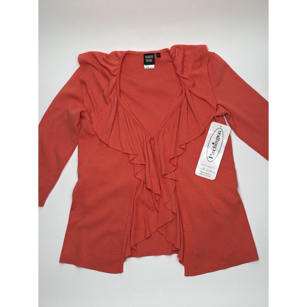 Sharon Young Coral Orange Ruffle Front Open Cardigan Sweater‎ Size S Silk Blend